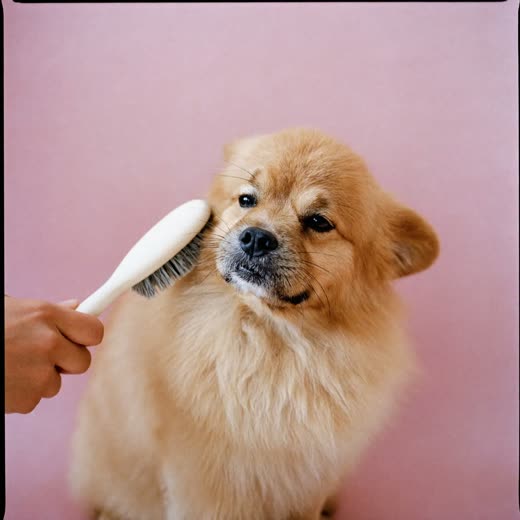 A small curly-coated dog being brushed out